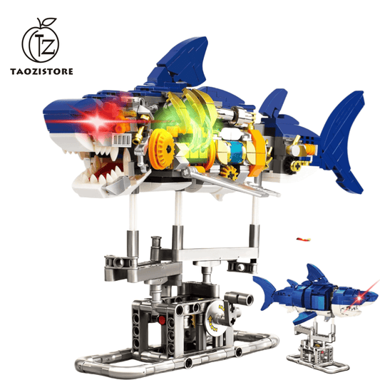 Shark building block toys, marine animal building block sets with lights and display stands, shark building blocks for kids and adults, animal building block sets with technology linkage functions for kids