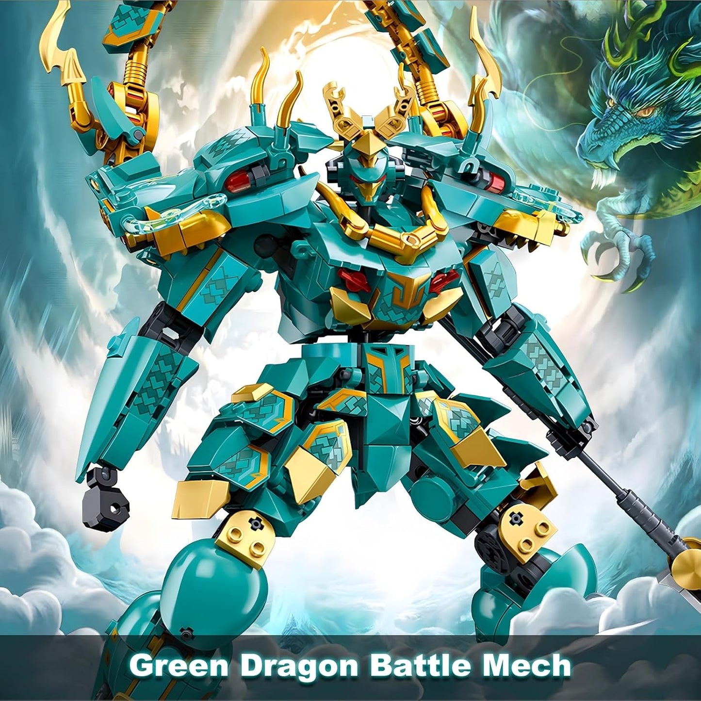 Mech Robot Building Blocks Set for Adults, Cool Green Dragon Warrior Model Set with Spear Toy Set, 704 Pieces Collectible Mythology Gift for Teen Boys Aged 8 9 10 12+