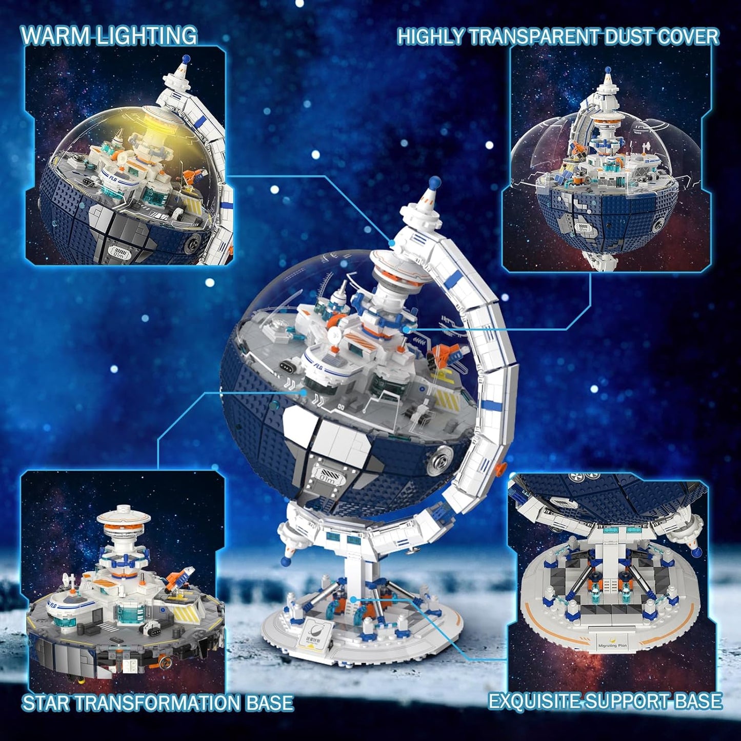 Space Planet Immigration Station Building Blocks Set Adult Version, 360° Rotating Ball Building Blocks with Lights, Collectible World Globe Model, Suitable for Collection