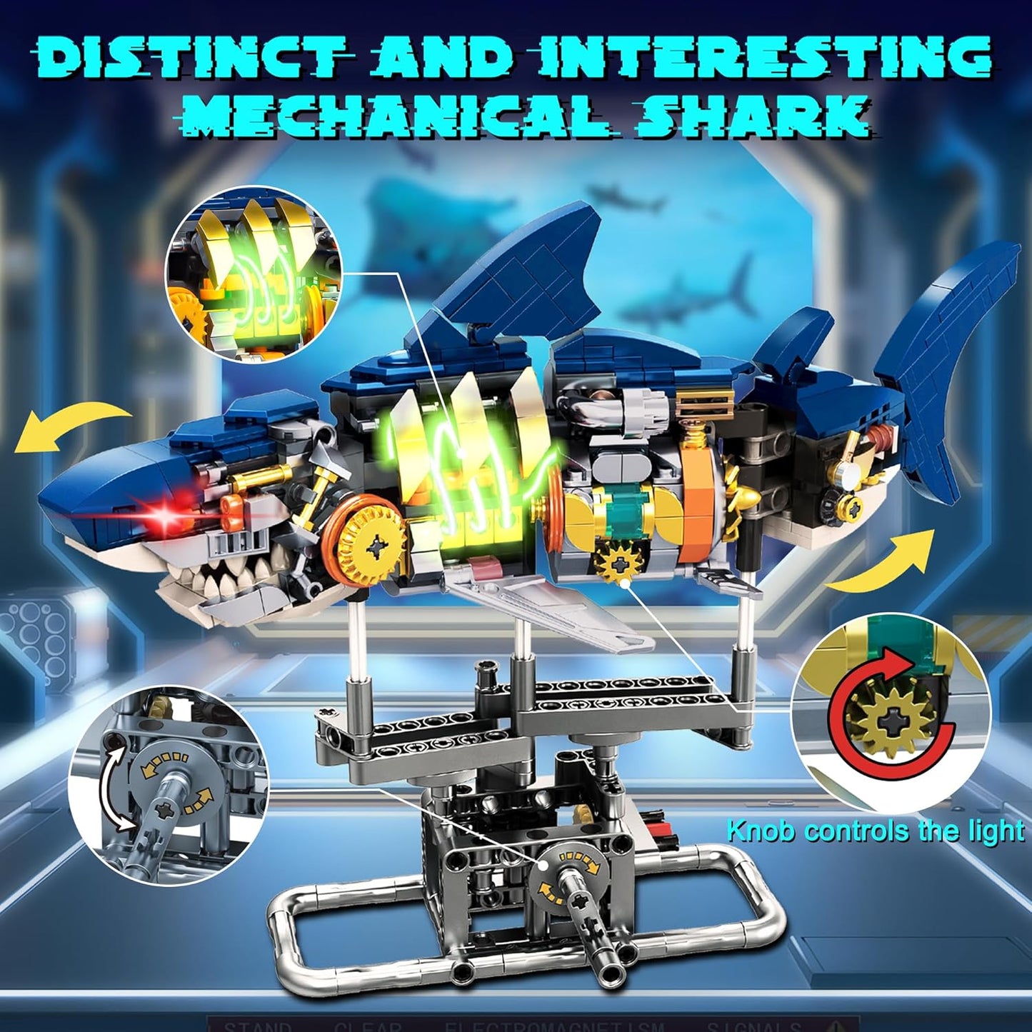 Shark building block toys, marine animal building block sets with lights and display stands, shark building blocks for kids and adults, animal building block sets with technology linkage functions for kids