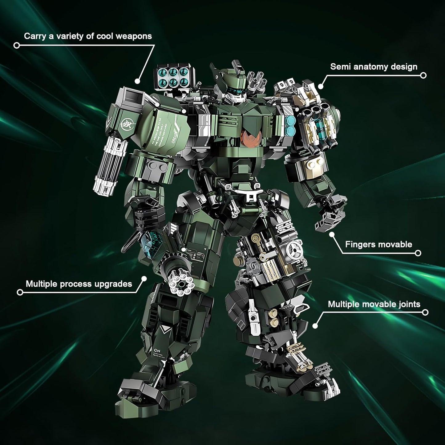 Mech Building Blocks Set for Adults，Motorized Robot Model Building Kit with Multiple Weapons, Industrial Style Collectible Gifts for Man Boys Ages 12+ (1403 PCS), Green