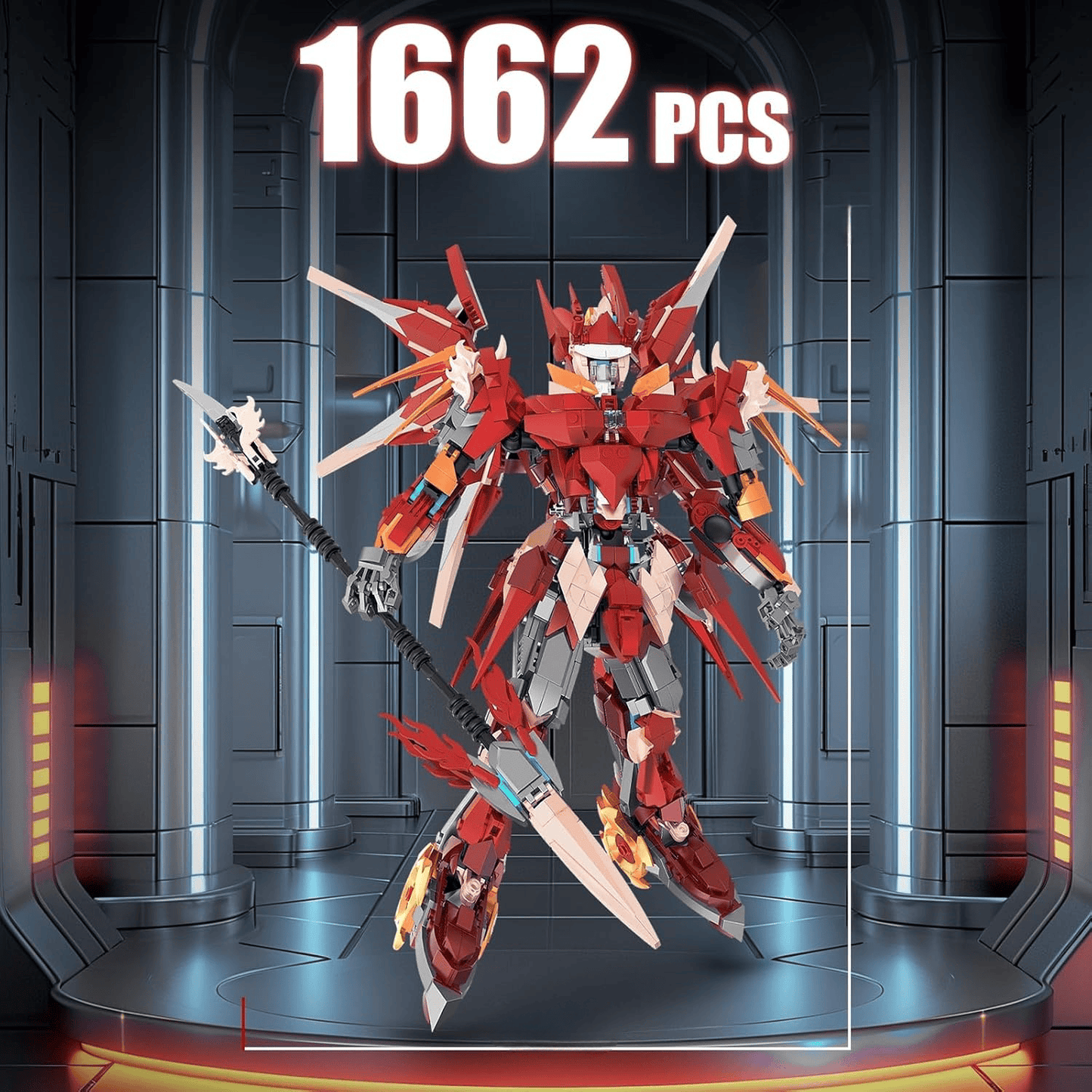 Hero Mech Building Blocks Set for Adults，Red Armor Robot Model Building Kit with Long Spear Weapons, Chinoiserie Style Collectible Gifts for Man Boys Ages 12+ (1662 PCS)