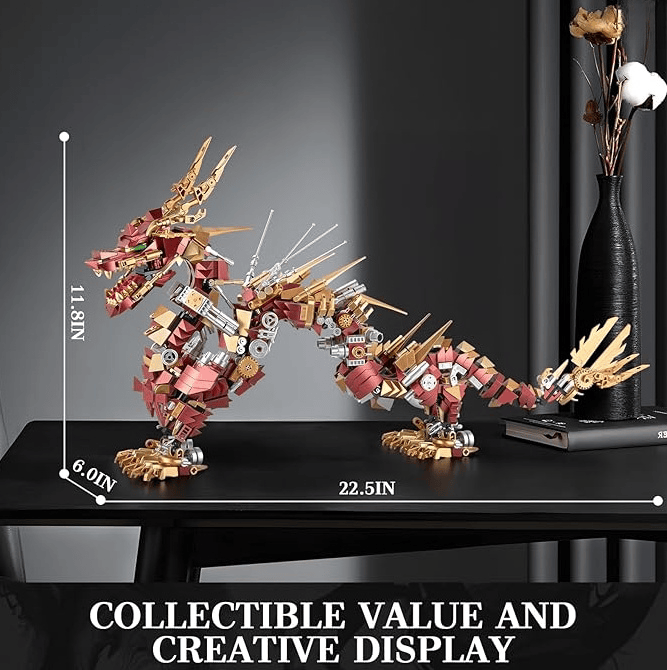 Dragon Building Blocks Sets for Adults, Red Mechanical Dragon Animal Building Model Collectible Display Toys, Cool Birthday for Boys Teens Fans (1596 Pcs)