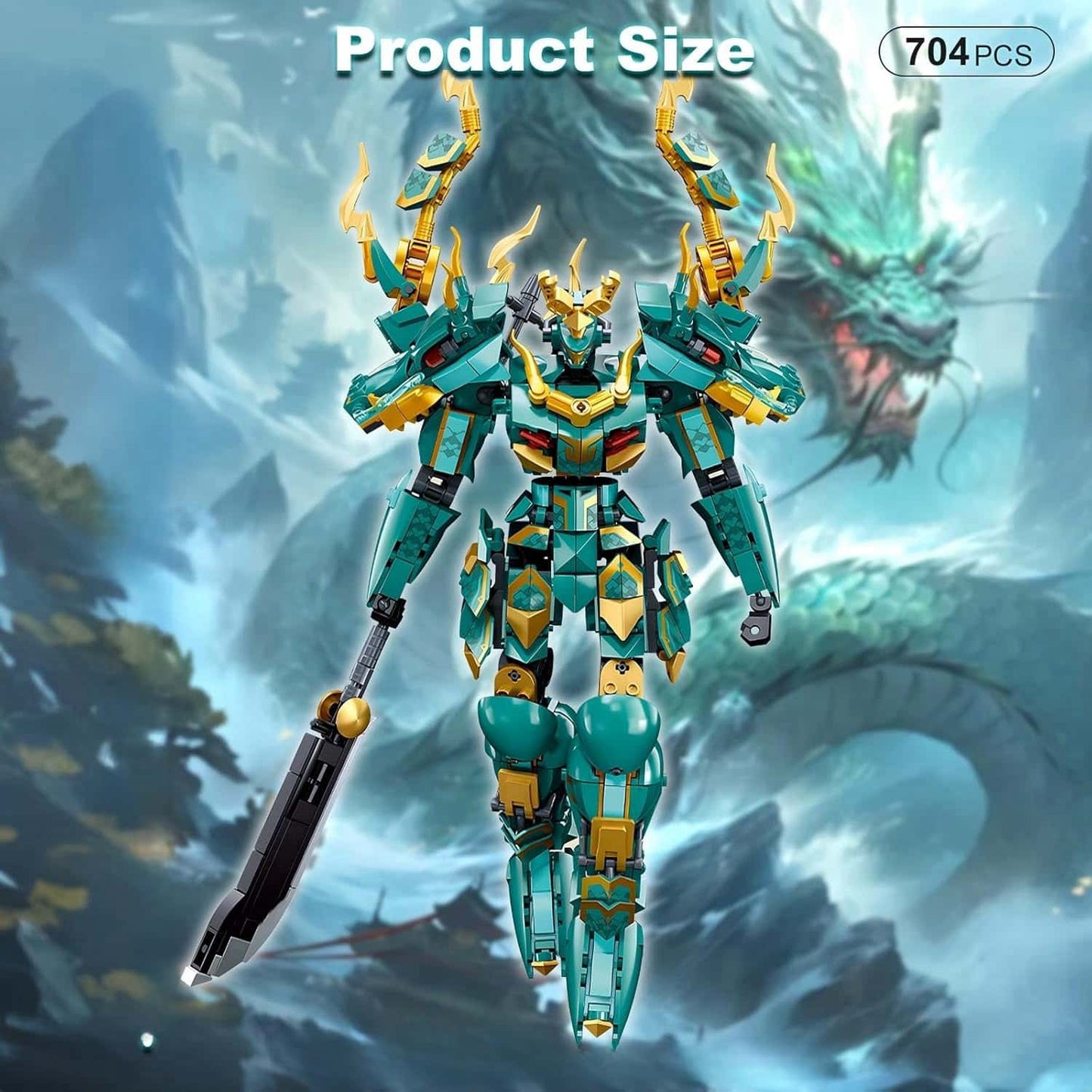 Mech Robot Building Blocks Set for Adults, Cool Green Dragon Warrior Model Set with Spear Toy Set, 704 Pieces Collectible Mythology Gift for Teen Boys Aged 8 9 10 12+