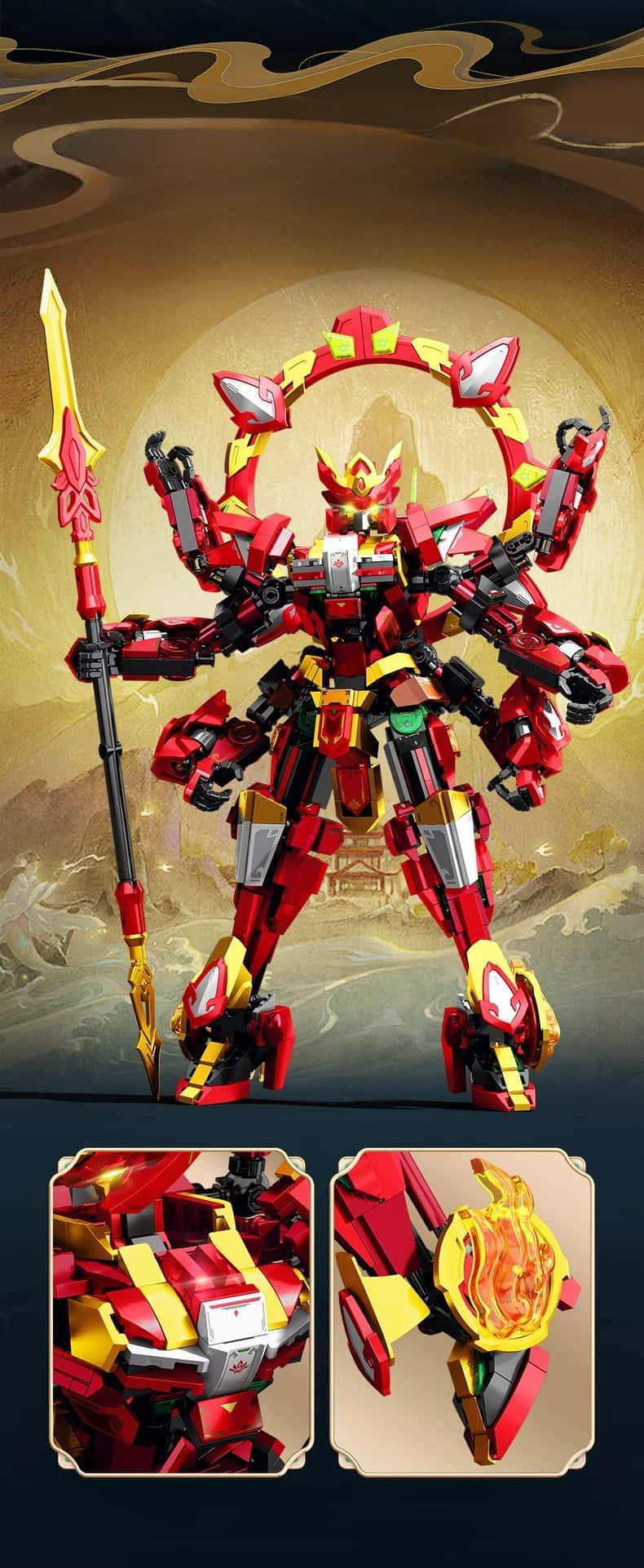 Mecha robot building block set, mythical Nezha mecha action figure toy with flexible joints and weapons, heroic warrior Chinese style mecha model, collection gift for boys and girls